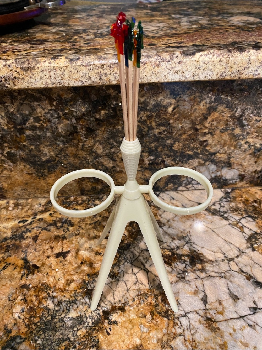 Vintage Tupperware Atomic tripod salt & pepper/toothpick stand in almond plastic
